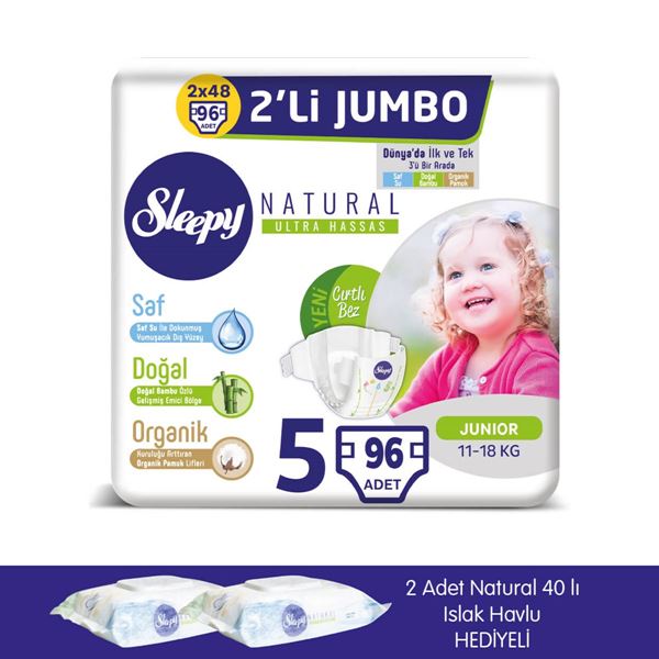 zSleepy Natural Bebek Bezi 5 Numara Junior 2X2'Lİ JUMBO+2 Adet Islak Havlu Hediyeli