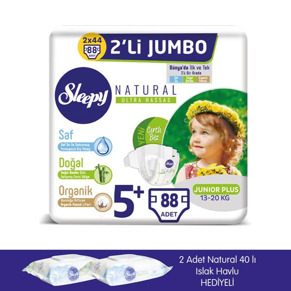 zSleepy Natural Bebek Bezi 5+ Numara Junior Plus 2X2'Lİ JUMBO+2 Adet Islak Havlu Hediyeli