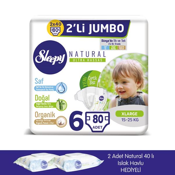 zSleepy Natural Bebek Bezi 6 Numara Xlarge 2X2'Lİ JUMBO+2 Adet Islak Havlu Hediyeli