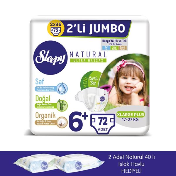 zSleepy Natural Bebek Bezi 6+ Numara Xlarge Plus 2X2'Lİ JUMBO+2 Adet Islak Havlu Hediyeli