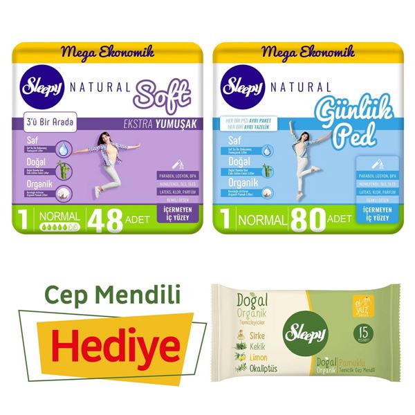 Sleepy Natural Soft Ekstra Yumuşak Normal (48 Ped) + Sleepy Natural Günlük Ped 80 Adet + Organik Cep Mendili Hediyeli