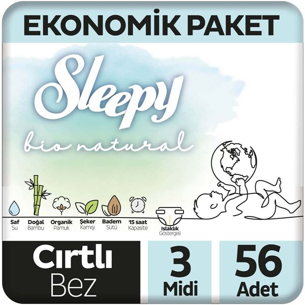 Sleepy Bio Natural Ekonomik Paket Bebek Bezi 3 Numara Midi 56 Adet