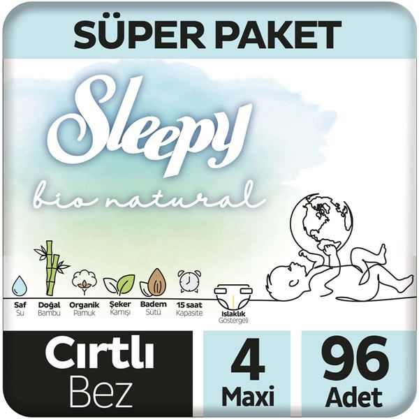 Sleepy Bio Natural Süper Paket Bebek Bezi 4 Numara Maxi 96 Adet