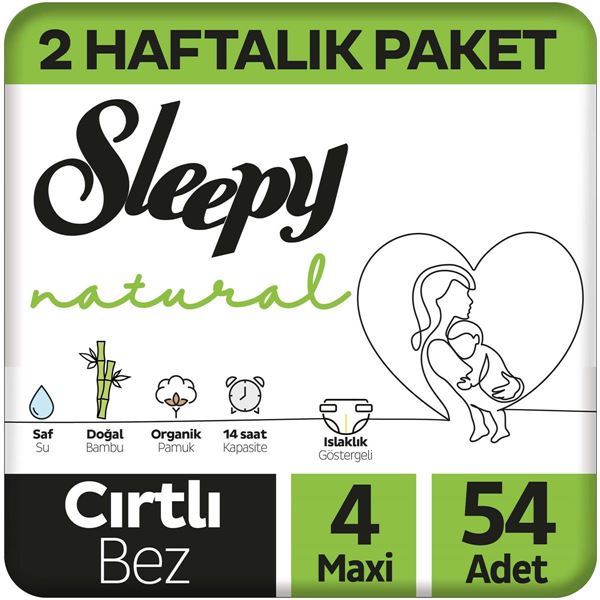 Resim Sleepy Natural 2 Haftalık Paket Bebek Bezi 4 Numara Maxi 54 Adet