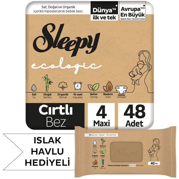 Sleepy Ecologic Bebek Bezi 4 Numara Maxi 48 Adet + Yenidoğan Islak Bebek Bakım Havlusu Hediyeli