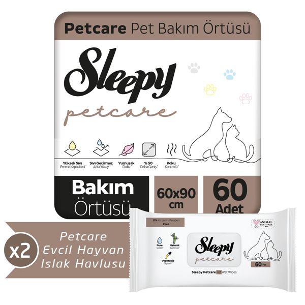 Sleepy Petcare 2X30 Adet Pet Bakım Örtüsü + 2X60 Evcil Hayvan Islak Havlusu