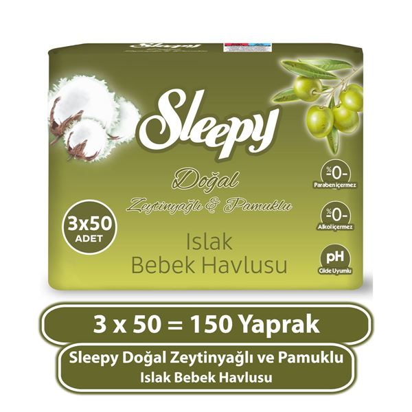 Sleepy Doğal Zeytinyağlı ve Pamuklu Islak Bebek Havlusu 3x50 (150 Yaprak)