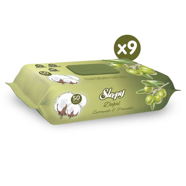 Sleepy Doğal Zeytinyağlı ve Pamuklu Islak Bebek Havlusu 3x3x50 (450 Yaprak)