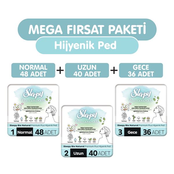 Sleepy Bio Natural Premium Plus Hijyenik Ped 124 Adet Ped Mega Fırsat Paketi