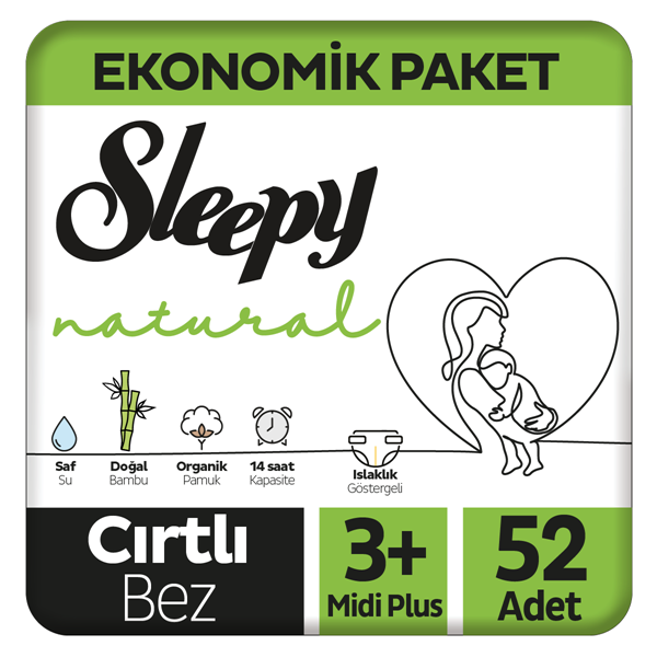 Sleepy Natural Ekonomik Paket Bebek Bezi 3+ Numara Midi Plus 52 Adet