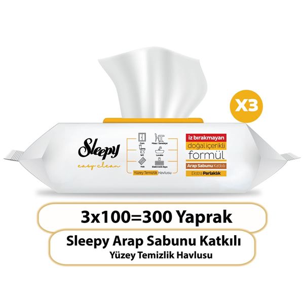 Sleepy Easy Clean Arap Sabunu Katkılı Yüzey Temizlik Havlusu&Mendili 3x100 (300 Yaprak) 