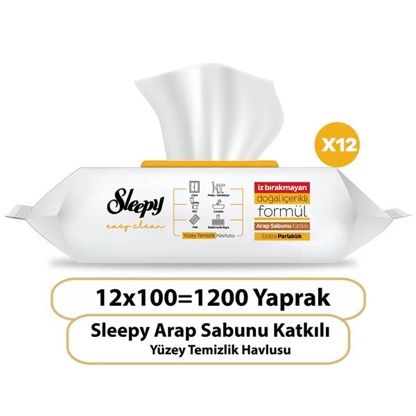 Sleepy Easy Clean Arap Sabunu Katkılı Yüzey Temizlik Havlusu&Mendili 12x100 (1200 Yaprak) 