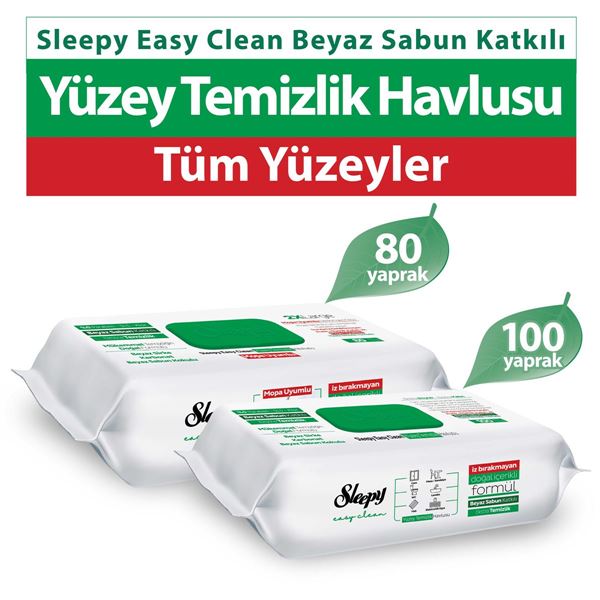 Sleepy Easy Clean Beyaz Sabun Katkılı Yüzey Temizlik Havlusu 100 Yaprak + Mopa Uyumlu 80 Yaprak