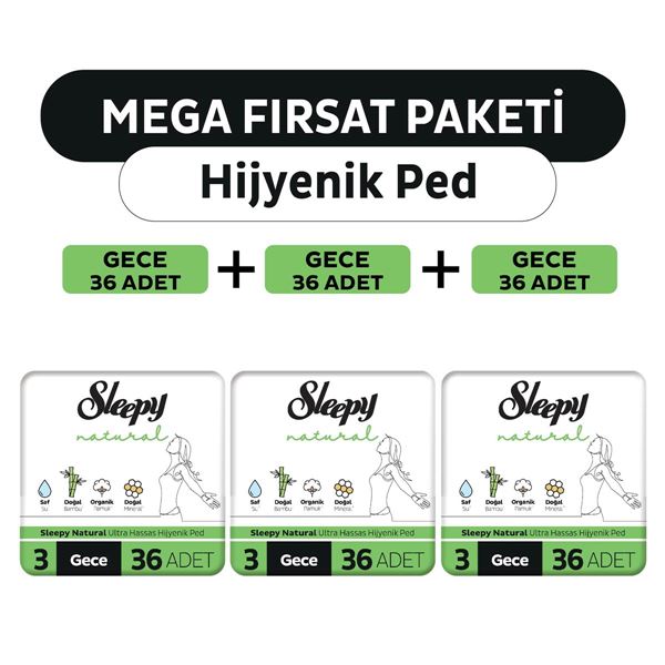 Sleepy Natural Ultra Hassas Hijyenik Ped Mega Fırsat Paketi Gece 108 Adet