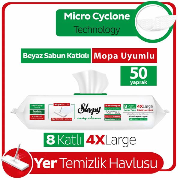 Sleepy Easy Clean Beyaz Sabun Katkılı Mopa Uyumlu Yer Temizlik Havlusu&Mendili 50 Yaprak