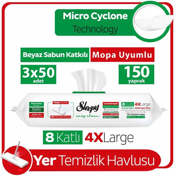 Sleepy Easy Clean Beyaz Sabun Katkılı Mopa Uyumlu Yer Temizlik Havlusu&Mendili 3x50 (150 Yaprak)
