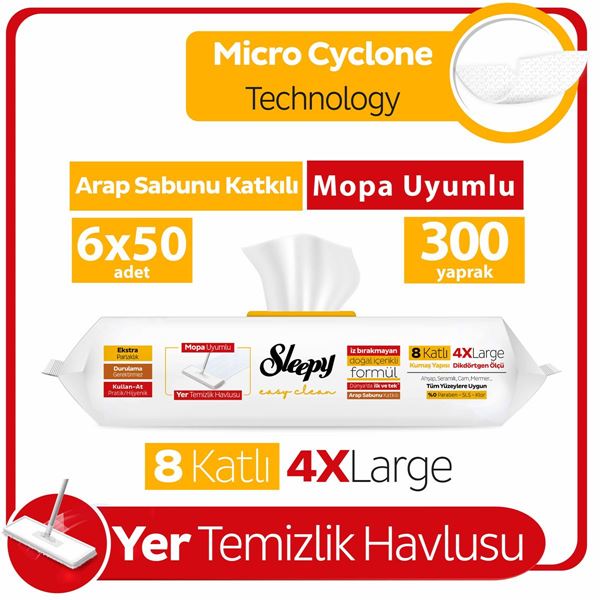Sleepy Easy Clean Arap Sabunu Katkılı Mopa Uyumlu Yer Temizlik Havlusu&Mendili 6x50 (300 Yaprak)