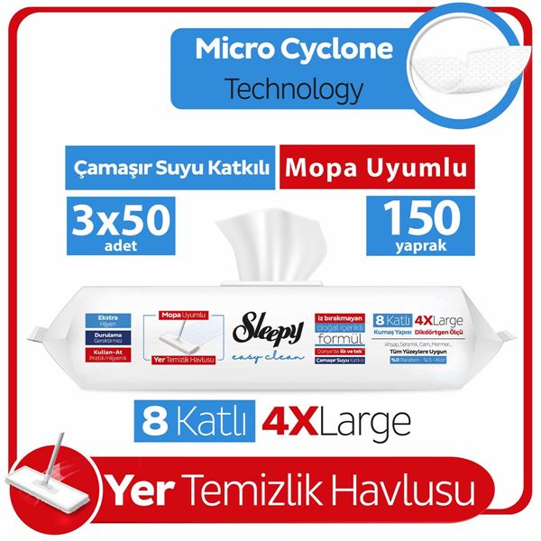 Sleepy Easy Clean Çamaşır Suyu Katkılı Mopa Uyumlu Yer Temizlik Havlusu&Mendili 3x50 (150 Yaprak)