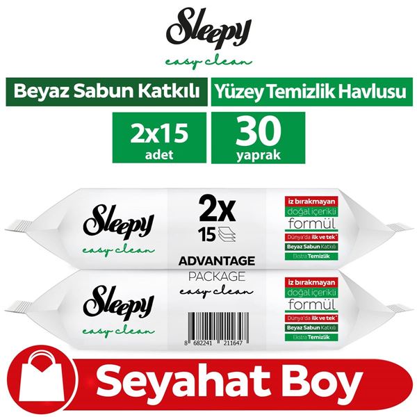 Sleepy Easy Clean Yüzey Temizlik Havlusu&Mendili Seyahat Boy 2x15 (30 Yaprak)