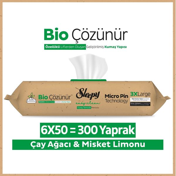 Sleepy Bio Çözünür Yüzey Temizlik Havlusu&Mendili Çay Ağacı&Misket Limonu 6x50 (300 Yaprak)