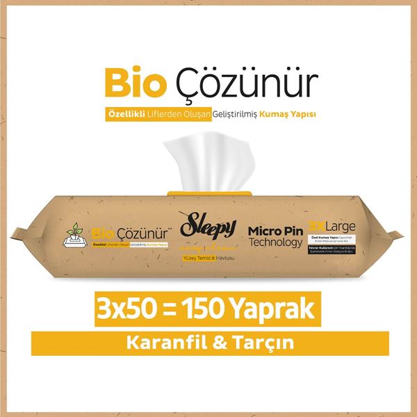 Sleepy Bio Çözünür Yüzey Temizlik Havlusu&Mendili Karanfil&Tarçın 3x50 (150 Yaprak)