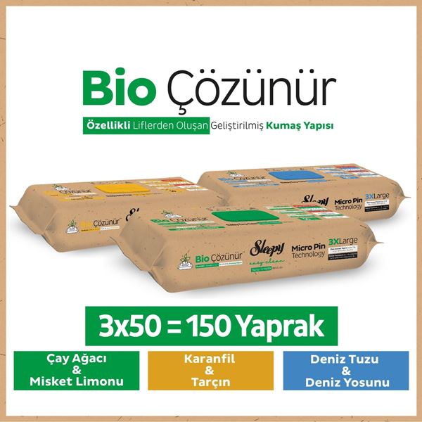 Sleepy Bio Çözünür Yüzey Temizlik Havlusu&Mendili Karma Paket 3x50 (150 Yaprak)
