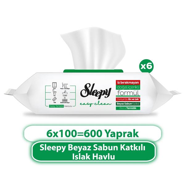 Sleepy Easy Clean Beyaz Sabun Katkılı Yüzey Temizlik Havlusu&Mendili 6x100 (600 Yaprak)