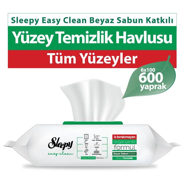 Sleepy Easy Clean Beyaz Sabun Katkılı Yüzey Temizlik Havlusu&Mendili 6x100 (600 Yaprak)