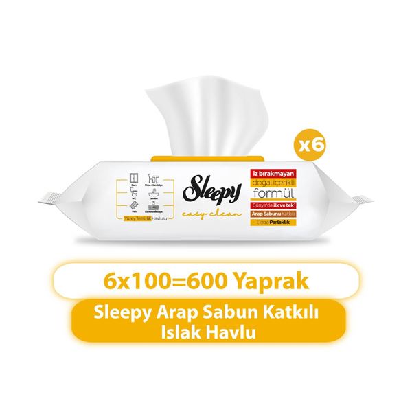 Sleepy Easy Clean Arap Sabunu Katkılı Yüzey Temizlik Havlusu&Mendili 6x100 (600 Yaprak)