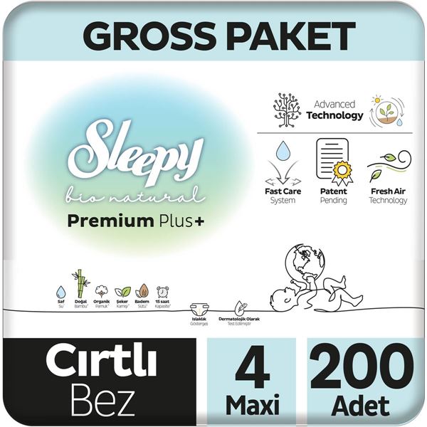 Sleepy Bio Natural Premium Plus Gross Paket Bebek Bezi 4 Numara Maxi 200 Adet
