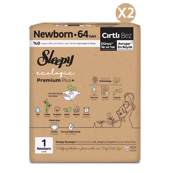 Sleepy Ecologic Premium Plus Süper Paket Bebek Bezi 1 Numara Yenidoğan 128 Adet