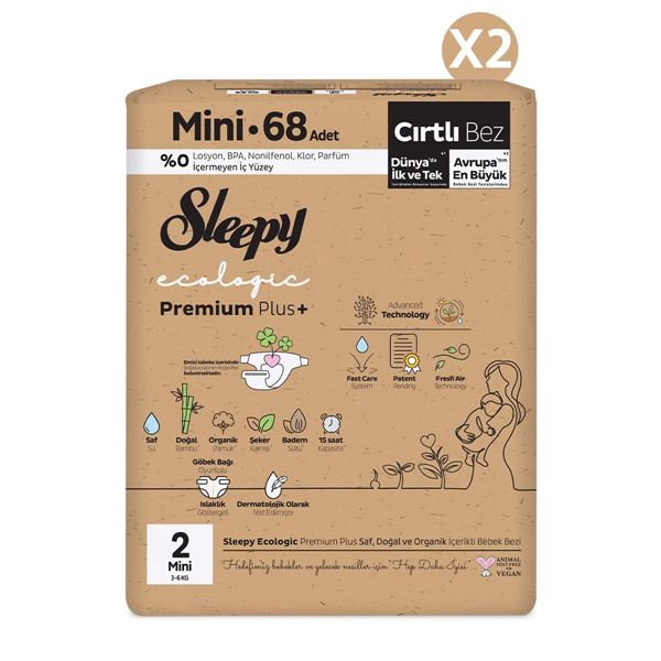 Sleepy Ecologic Premium Plus Süper Paket Bebek Bezi 2 Numara Mini 136 Adet