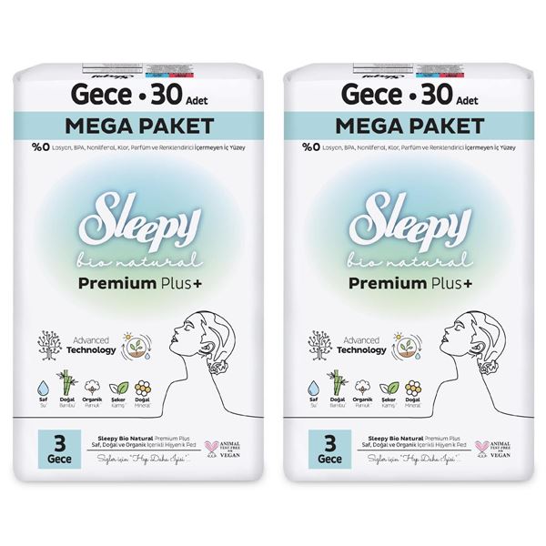 Sleepy Bio Natural Premium Plus Hijyenik Ped Mega Paket Gece 30x2 (60 Adet) + Cüzdan Hediyeli