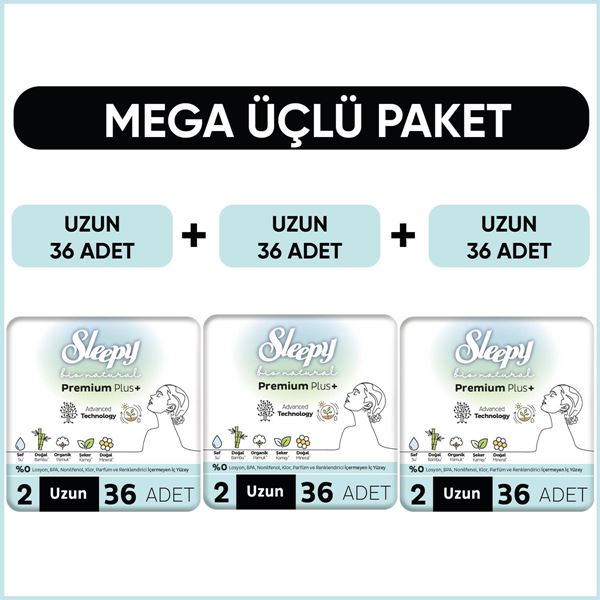 Sleepy Bio Natural Premium Plus Hijyenik Ped Mega Paket Uzun 36x3 (108 Adet) 