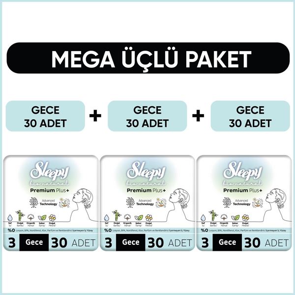 Sleepy Bio Natural Premium Plus Hijyenik Ped Mega Paket Gece 30x3 (90 Adet) 