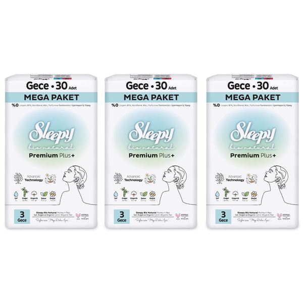 Sleepy Bio Natural Premium Plus Hijyenik Ped Mega Paket Gece 30x3 (90 Adet) 