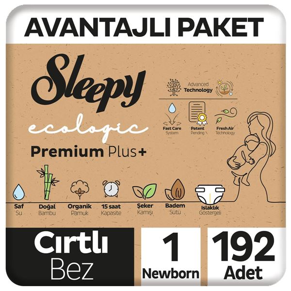 Sleepy Ecologic Premium Plus Avantajlı Paket Bebek Bezi 1 Numara Yenidoğan 192 Adet