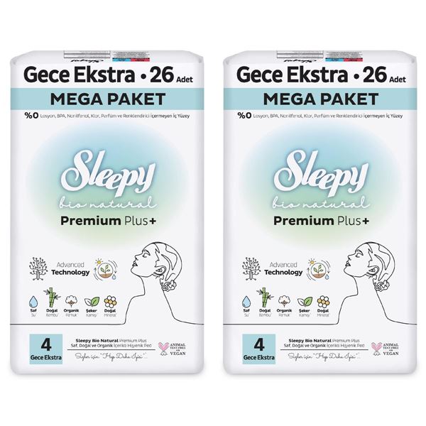 Sleepy Bio Natural Premium Plus Hijyenik Ped Mega Paket Gece Extra 26x2 (52 Adet) + Cüzdan Hediyeli 