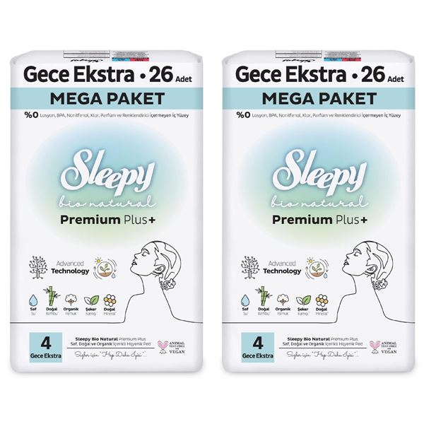 Sleepy Bio Natural Premium Plus Hijyenik Ped Mega Paket Gece Extra 26x2 (52 Adet) 