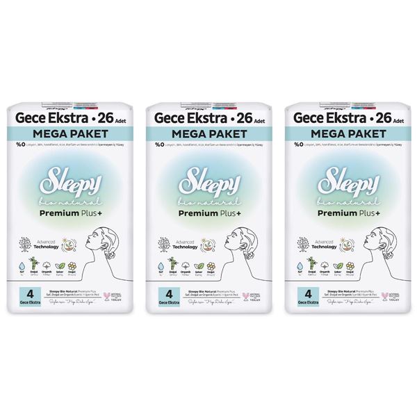 Sleepy Bio Natural Premium Plus Hijyenik Ped Mega Paket Gece Extra 26x3 (78 Adet) 