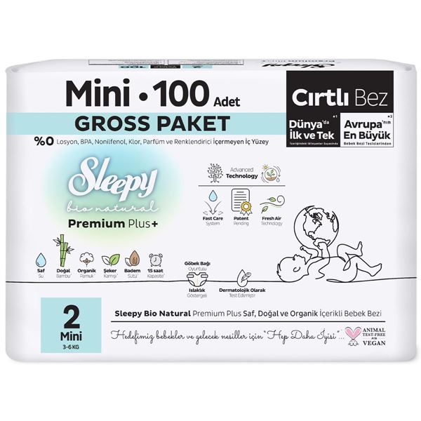 Sleepy Bio Natural Premium Plus Gross Paket Bebek Bezi 2 Numara Mini 100 Adet