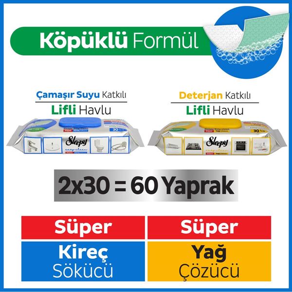 Sleepy Easy Clean Süper Yağ Çözücü&Kireç Sökücü Yüzey Temizlik Havlusu&Mendili 2x30 (60 Yaprak)