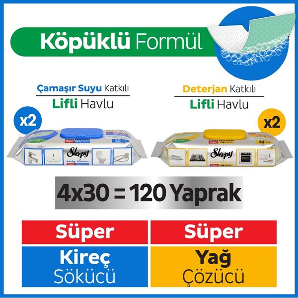 Sleepy Easy Clean Süper Yağ Çözücü&Kireç Sökücü Yüzey Temizlik Havlusu&Mendili 4x30 (120 Yaprak)