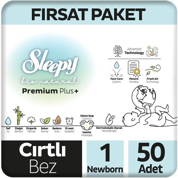 Sleepy Bio Natural Premium Plus Fırsat Paketi Bebek Bezi 1 Numara Newborn 50 Adet