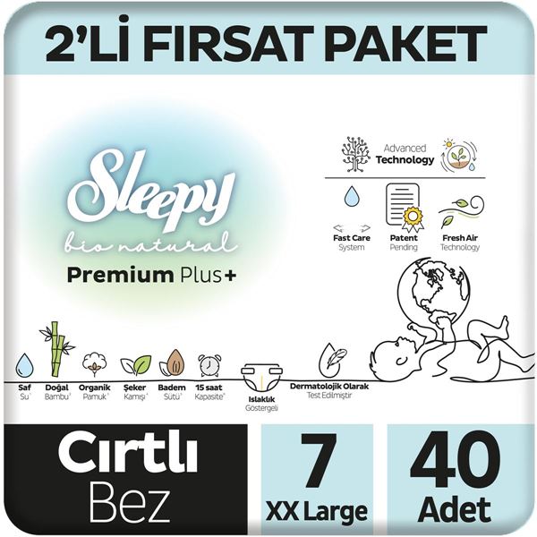 Sleepy Bio Natural Premium Plus 2'li Fırsat Paketi Bebek Bezi 7 Numara Xxlarge 40 Adet