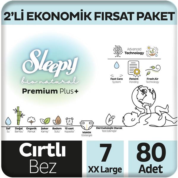 Sleepy Bio Natural Premium Plus 2'li Ekonomik Fırsat Paketi Bebek Bezi 7 Numara Xxlarge 80 Adet