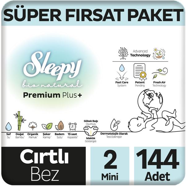 Sleepy Bio Natural Premium Plus Süper Fırsat Paketi Bebek Bezi 2 Numara Mini 144 Adet