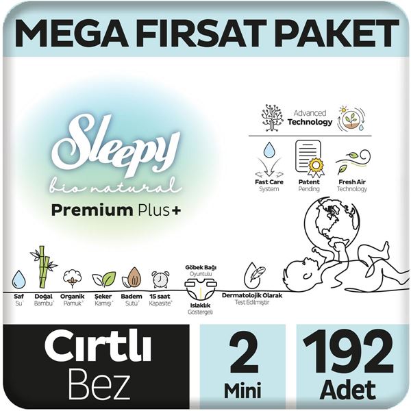 Sleepy Bio Natural Premium Plus Mega Fırsat Paketi Bebek Bezi 2 Numara Mini 192 Adet
