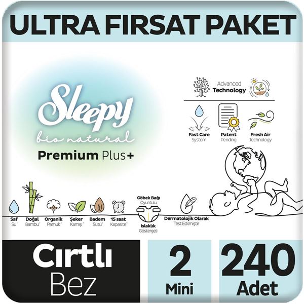 Sleepy Bio Natural Premium Plus Ultra Fırsat Paketi Bebek Bezi 2 Numara Mini 240 Adet