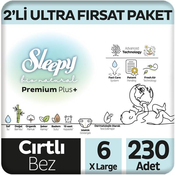 Sleepy Bio Natural Premium Plus 2'li Ultra Fırsat Paketi Bebek Bezi 6 Numara Xlarge 230 Adet